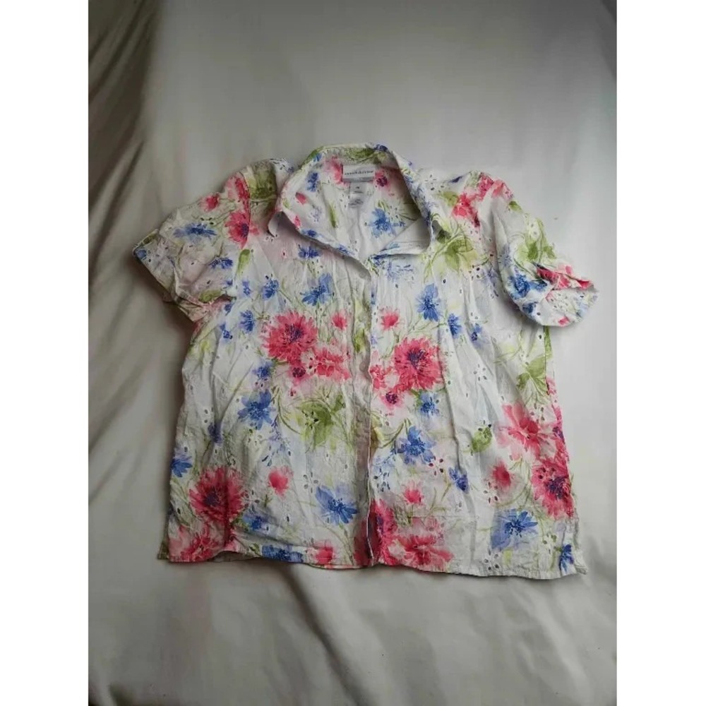 Alfred Dunner Blouse Womens Petite M Floral Eyelet Cottagecore Coastal Grandma